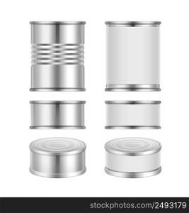 Vector set of different steel tin cans with blank packaging isolated on white background. Vector set of canned goods