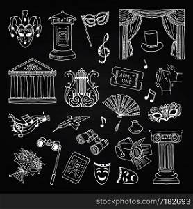 Vector set of doodle theatre elements on black chalkboard illustration. Entertainment show and acting, play drama, ticket to opera blackboard. Vector set of doodle theatre elements on black chalkboard illustration