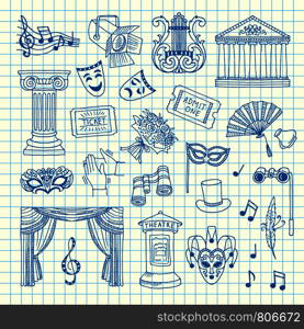 Vector set of doodle theatre elements on cell sheet illustration. Vector set of doodle theatre elements illustration