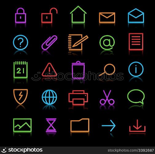 Vector set of elegant neon simple icons for common computer functions