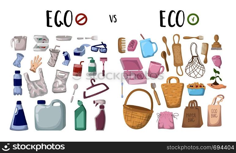 Vector set of elements. Zero waste concept - eco versus ego. Ecological problem of plastic trash and pollution. Reusable eco friendly materials - bamboo, textile, wood, versus plastic things. Flat . Nature Ecology Pollution