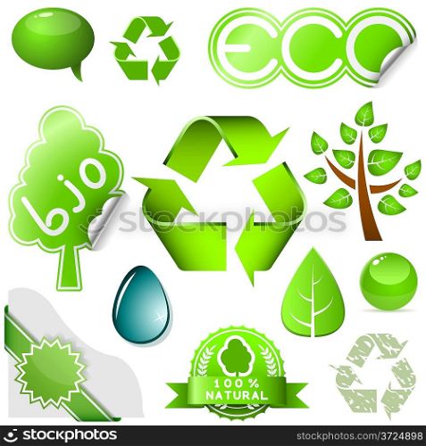 Vector set of environmental icons and labels isolated on white background.