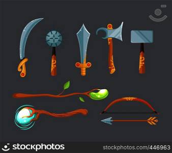 Vector set of fantasy cartoon game design swords, axes, staffs and bow weapon isolated on grey background. Illustration of medieval weapon and magic staff. Vector set of fantasy cartoon game design swords, axes, staffs and bow weapon isolated on grey background