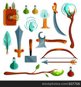 Vector set of fantasy magic weapons. Illustrations for computer game. Magic book and candle, potion and feather. Vector set of fantasy magic weapons. Illustrations for computer game