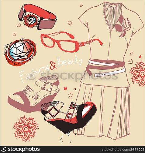 vector set of fashionable cloth, shoes and jewelry
