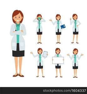 Vector Set of Female Doctor character. medical Illustration.