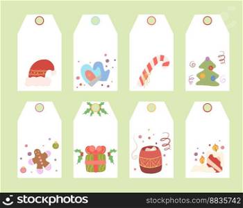 Vector set of festive tags with elements for the new year. Christmas Eve. label template with Christmas tree, Santa hat, gift and sweet for place for text. Flat tabs isolated from background. Vector set of festive tags with elements for the new year. Christmas Eve. label template with Christmas tree, Santa hat, gift