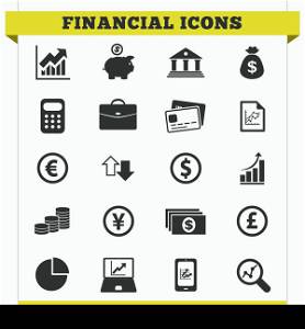 Vector set of financial and money related icons and design elements for web pages, bank, online trading and loan business services. Illustration on white background.