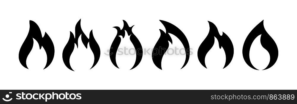 Vector set of fire icons of different shapes and configurations for design and decoration. Flat design.