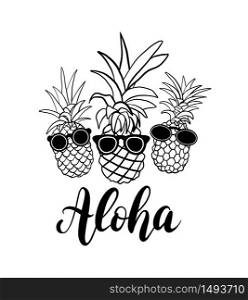 Vector set of five pineapple fruit doodle style. Tropical summer collection. Design for print on travel card, vacation shirt, etc Black and white illustration. Vector set of five pineapple fruit. Tropical summer vacation collection. Design for print. Black and white illustration