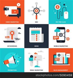 Vector set of flat digital marketing icons. Icon pack includes following themes - pay per click, video marketing, blog management, email marketing, promotion, news, keywording, SEO, mobile marketing. Digital Marketing
