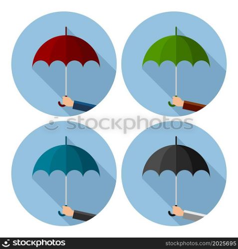 vector set of flat icons of umbrella protection from rain drops. symbol of man&rsquo;s hand holds umbrella isolated on white background