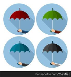 vector set of flat icons of umbrella protection from rain drops. symbol of man&rsquo;s hand holds umbrella isolated on white background