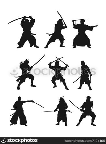 Vector set of flat samurai silhouettes isolated on white background, flat modern design. Stock illustration for websites and apps