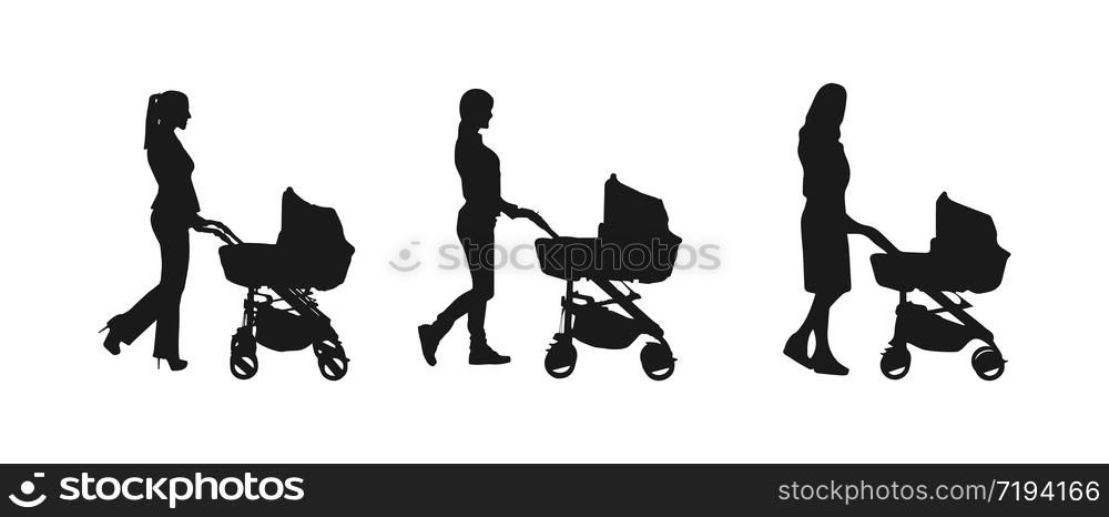 Vector set of flat silhouettes of a woman with a stroller, isolated on a white background, flat modern design. Stock illustration for websites and apps