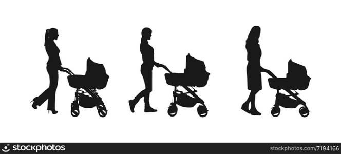 Vector set of flat silhouettes of a woman with a stroller, isolated on a white background, flat modern design. Stock illustration for websites and apps