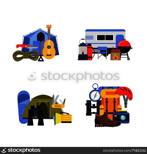 Vector set of flat style camping elements piles illustration. Tourism equipment, camp and backpack, travel and recreation. Vector set of flat style camping elements piles illustration