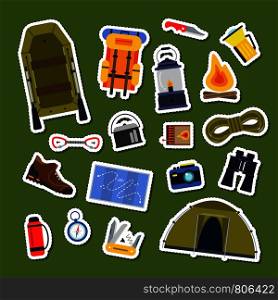 Vector set of flat style camping elements stickers collection cartoon illustration. Vector set of flat style camping elements stickers