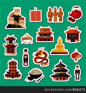 Vector set of flat style china elements and sights stickers architecture illustration. Vector set of flat style china elements and sights stickers