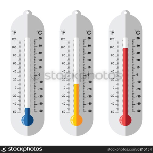 vector set of flat thermometer icons at different levels with fahrenheit and celsius scale