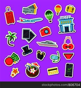 Vector set of flat travel and holiday elements stickers colored illustration. Vector set of flat travel elements stickers