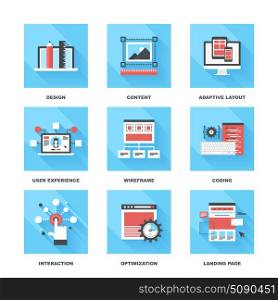 Vector set of flat web development icons on following themes - design, content, adaptive layout, user experience, wireframe, coding, interaction, optimization, landing page. Web Development