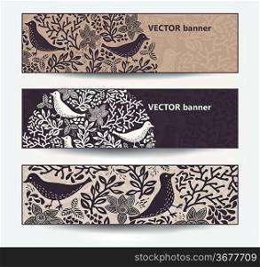 vector set of floral banners with abstract plants and birds