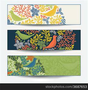 vector set of floral banners with colorful plants and birds