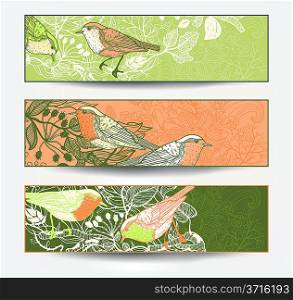 vector set of floral banners with hand drawn birds