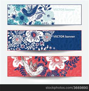 vector set of floral cards with birds and blooming flowers