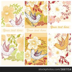 vector set of floral cards with blooming flowers and flying birds
