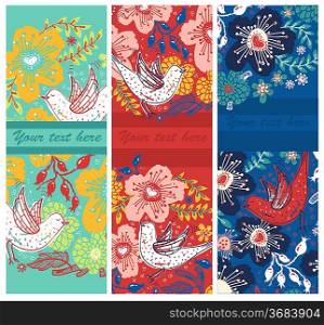 vector set of floral cards with blooming flowers and flying birds