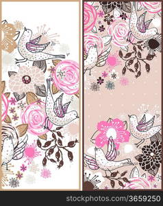 vector set of floral cards with blooming roses and flying birds