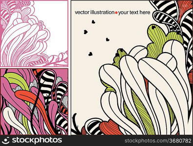 vector set of floral cards with fantasy plants and colorful leaves