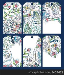 vector set of floral tags with colorful blooming flowers and funny birds