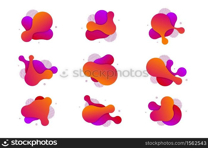 Vector set of fluid isolated abstract geometric violet and yellow gradient shapes for modern website and graphic design on the white background. Concept of dynamic composition and liquid color element