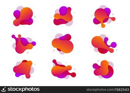 Vector set of fluid isolated abstract geometric violet and yellow gradient shapes for modern website and graphic design on the white background. Concept of dynamic composition and liquid color element