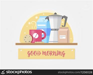 Vector Set of food and drink For breakfast with milk, coffee and cookies.