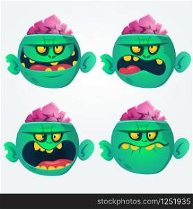 Vector set of four cartoon images of funny green zombies big heads with different actions and emotions on a white background. Apocalypse, dead, halloween.