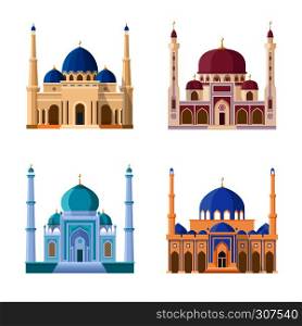Vector set of four mosques. Arabic religion buildings. Cartoon illustrations set isolate on white background. Architecture mosque building, muslim minaret and arabian church. Vector set of four mosques. Arabic religion buildings. Cartoon illustrations set isolate on white background