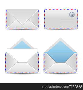 Vector set of four white envelopes. Open and closed. With blank paper