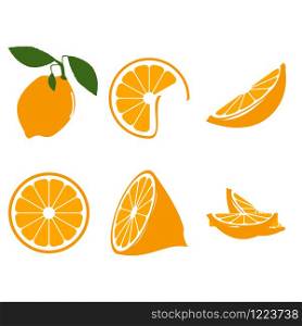 Vector set of fresh ripe oranges with leaves.
