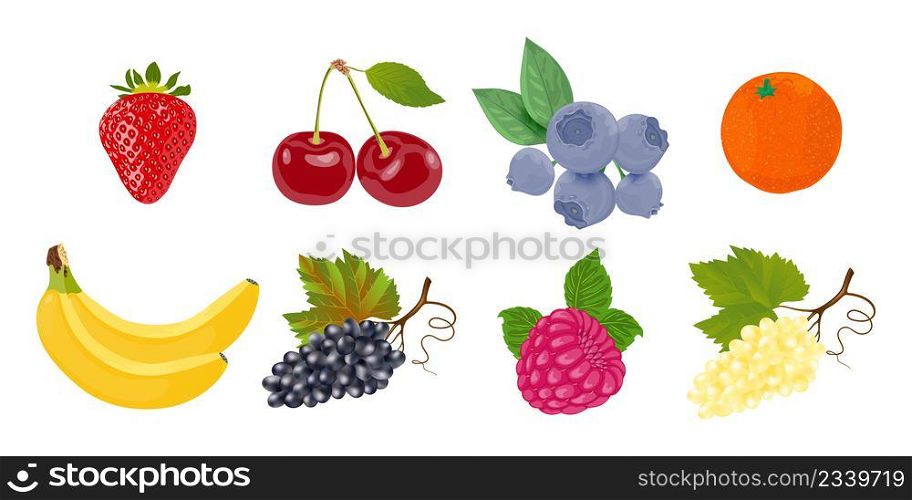 Vector set of fruits and berries on a white background. Fresh and ripe fruits and berries isolated on white background. Vector illustration. Healthy food.. Vector set of fruits and berries