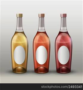 Vector set of full colored bottles with empty labels front view isolated on gradient background. Bottles with labels