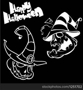 Vector set of funny Halloween pumpkins head in witch hat. White outline on black isolated background