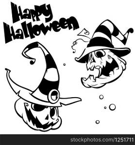 Vector set of funny Halloween pumpkins head in witch hat. Pumpkin head coloring book