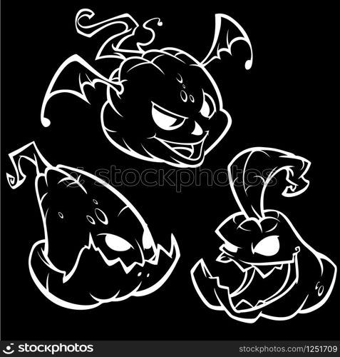 Vector set of funny Halloween pumpkins head silhouettes. Outlines isolated background