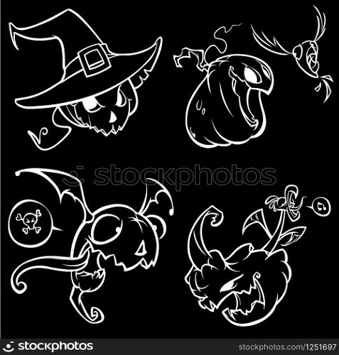 Vector set of funny Halloween pumpkins head. White outline on black isolated background