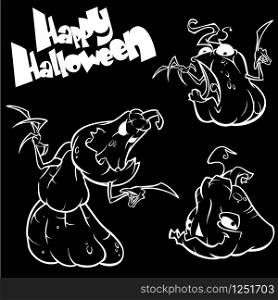 Vector set of funny Halloween pumpkins head. White outline on black isolated background