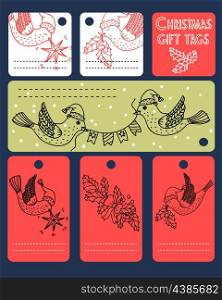 vector set of gift tags with funny birds